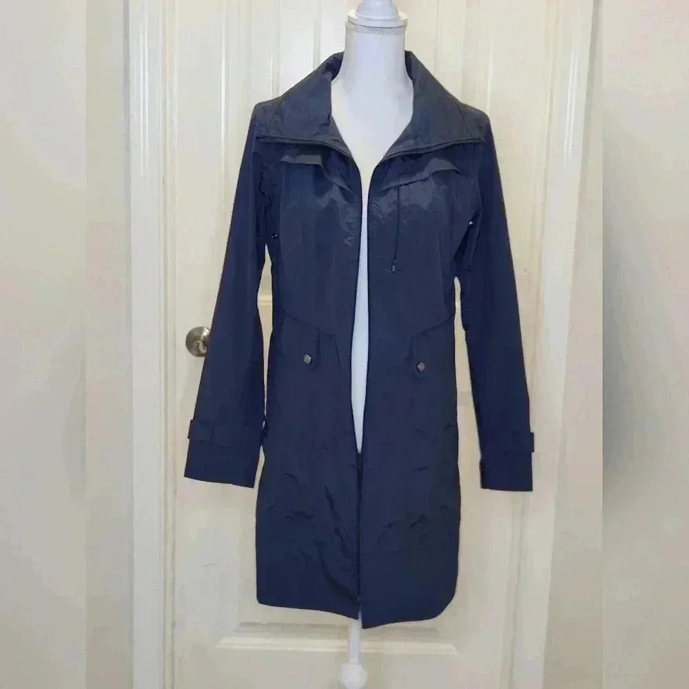 Cole Haan packable hidden hooded lightweight long raincoat jacket sz s